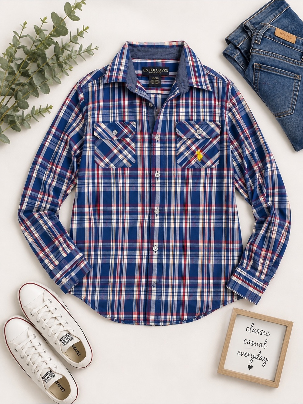 U.S. Polo Assn. Blue Red & White Plaid Button-Down Shirt Size 14/16